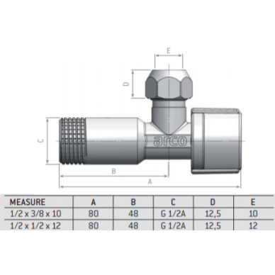 Kampinis ventilis išorinis sriegis 1/2" x 3/8" x 10 (NOV74MAC) 1